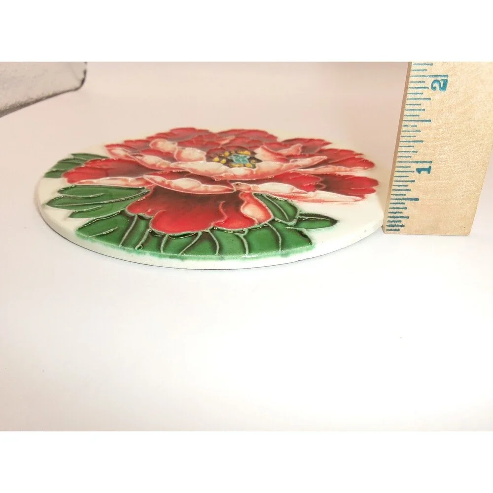 Christmas Poinsettia Trivet Hot Plate Wall Art? Ceramic Felt Back 6 inches